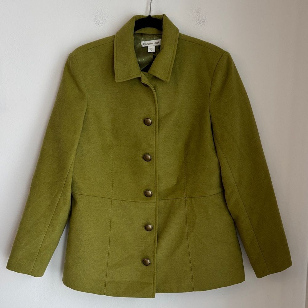Coldwater Creek Utility pea coat Jacket Olive green brass buttons womens 14 EUC